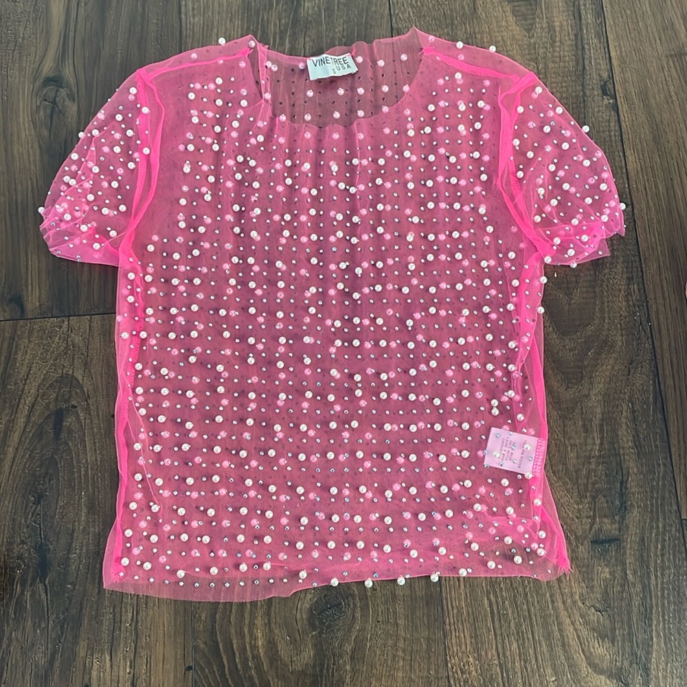 Pink mesh bling and pearl top